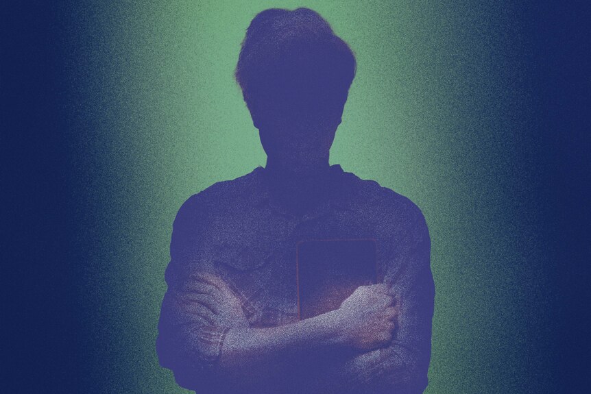 Illustration of a silhouetted man in checkered shirt standing with arms crossed and holding small black book.