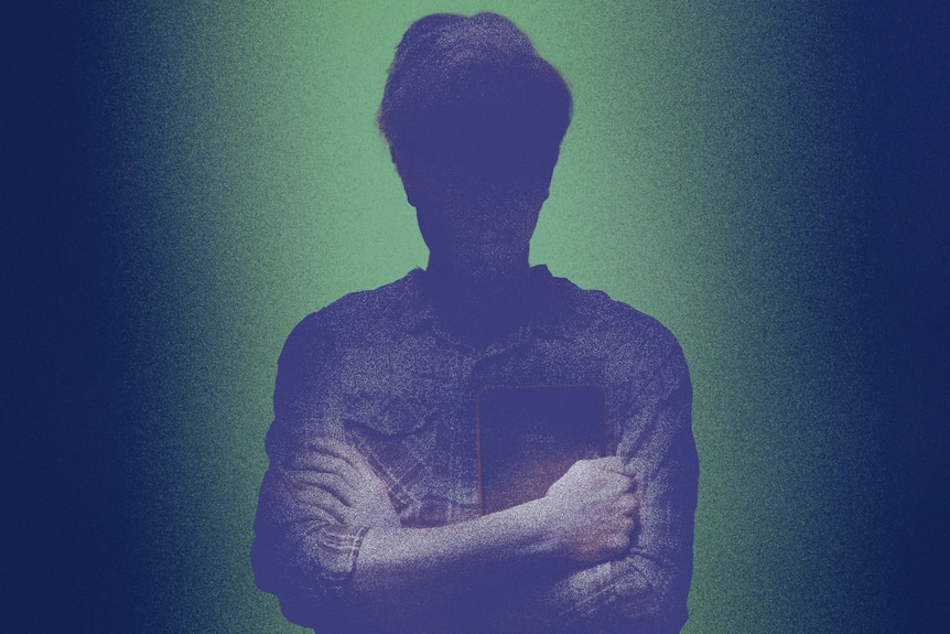 Illustration of a silhouetted man in checkered shirt standing with arms crossed and holding small black book.