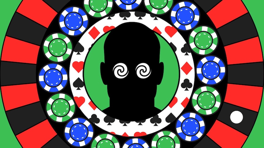 Roulette wheel with poker chips and male silhouette with swirling, hypnotised eyes to depict problem gambling.