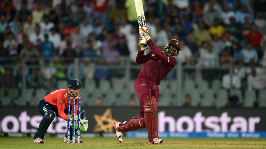 Chris Gayle bats against England at the WT20