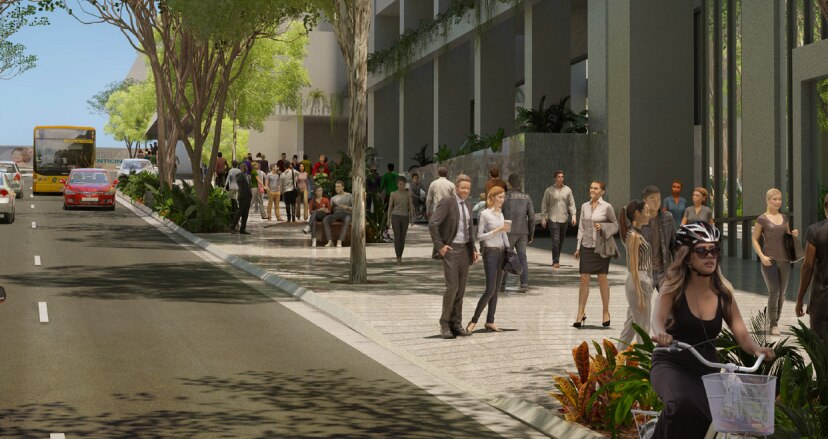 An artist's impression of a city showing a wide footpath, with people mingling on it and a street with a woman on a scooter.