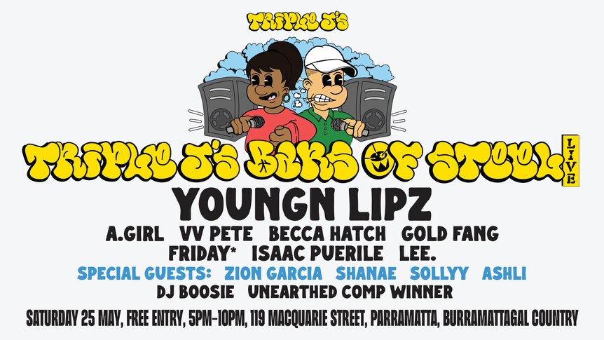 Poster for Bars of Steel Live with yellow bubble text and cartoon rappers with speakers and the lineup in black and blue text