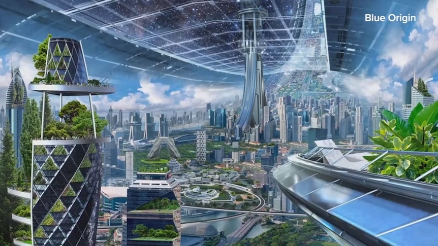 An illustration shows a concept for a space colony, with a futuristic cityscape of towering buildings and green spaces