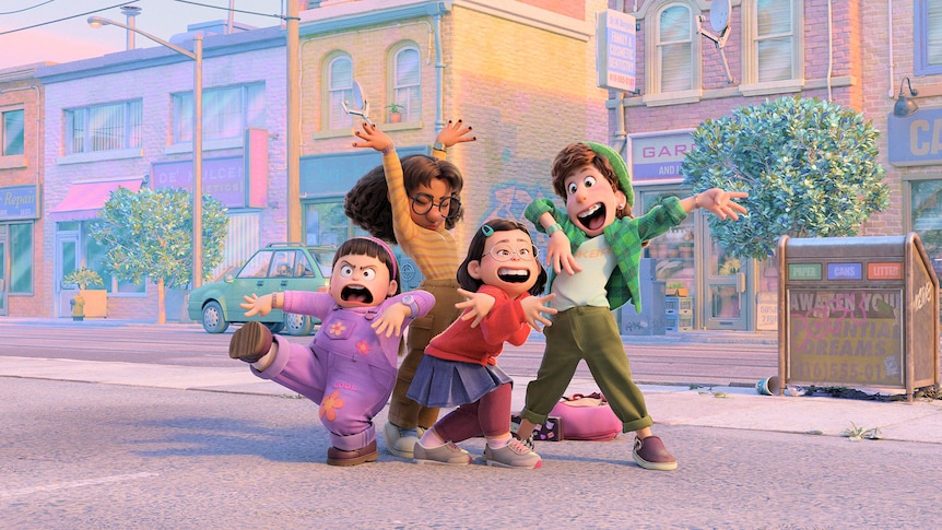 Four animated teen girls strike a fun and bold pose in the street. One wears pink, one yellow, one red and one green.