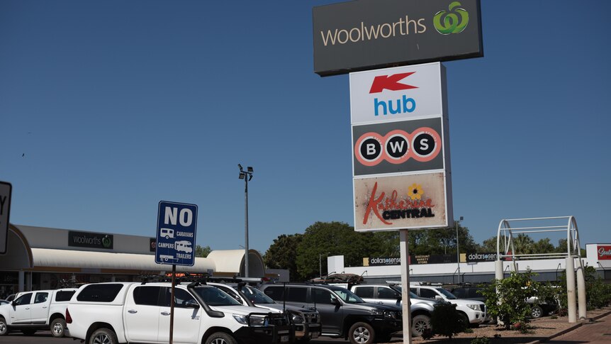 The Katherine Woolworths sign is seen above the carpark.