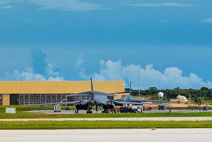 Two Rockwell B1 Lancer supersonic bombers parked at USAF Andersen air base on Guam.