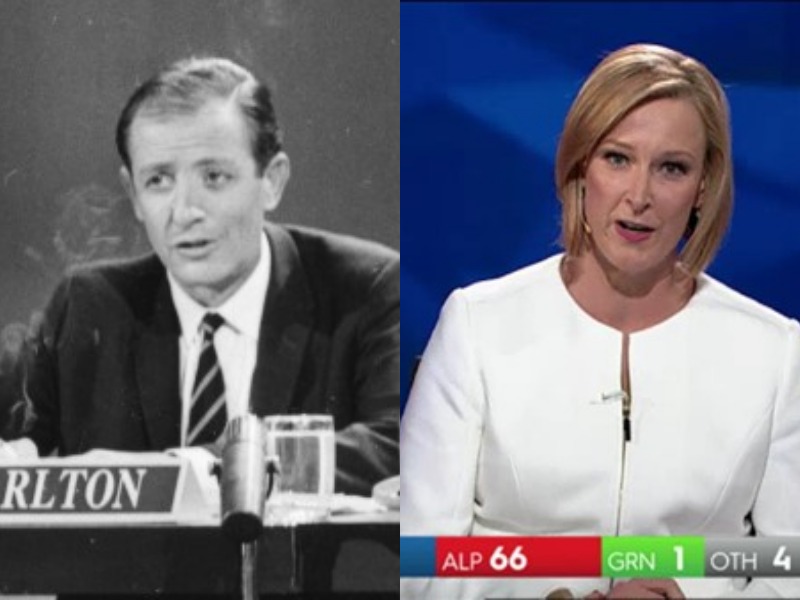 Black and white photo on left of man at desk and colour photo of woman on right at desk in TV studio.