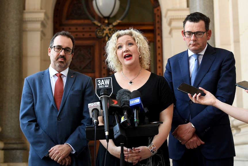 Martin Pakula, Jill Hennessy and Daniel Andrews address the media outside Parliament.