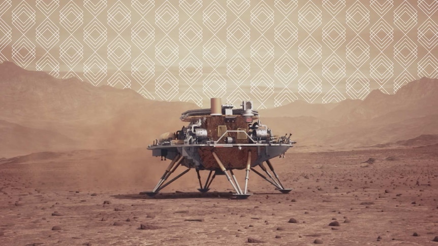 An artist's concept of Tianwen-1 space module at the Red Planet.