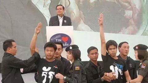 Five students were arrested last week for raising the three-finger salute during a speech by the prime minister.