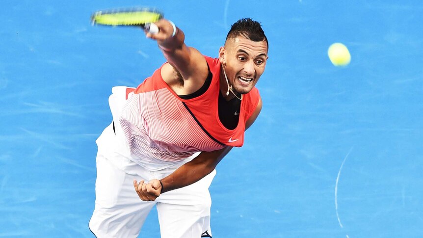Australian Open fine ... Nick Kyrgios serves during his first-round match against Pablo Carreno Busta