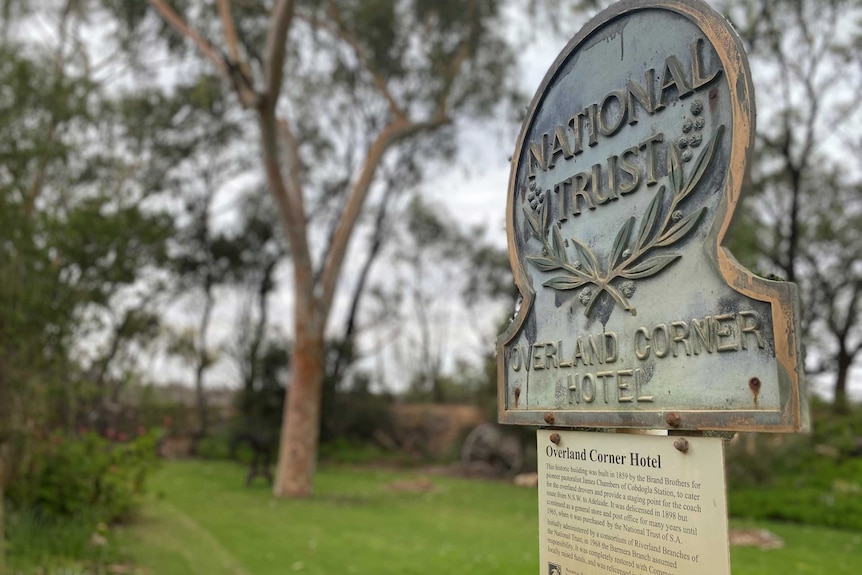 An aged sign with wording 'National Trust' stands in a green garden.