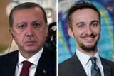 Composite photo of Turkish president on left and German comedian on right.