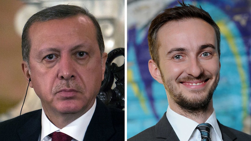 Composite photo of Turkish president on left and German comedian on right.