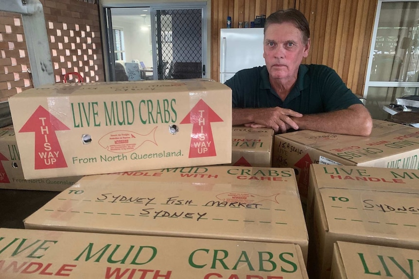 Keith Harris with his crabs ready to be air freighted to Sydney
