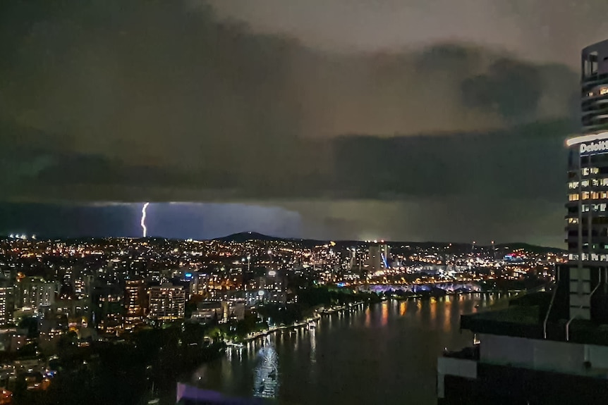 Lightning strikes across a night sky in Brisbane.