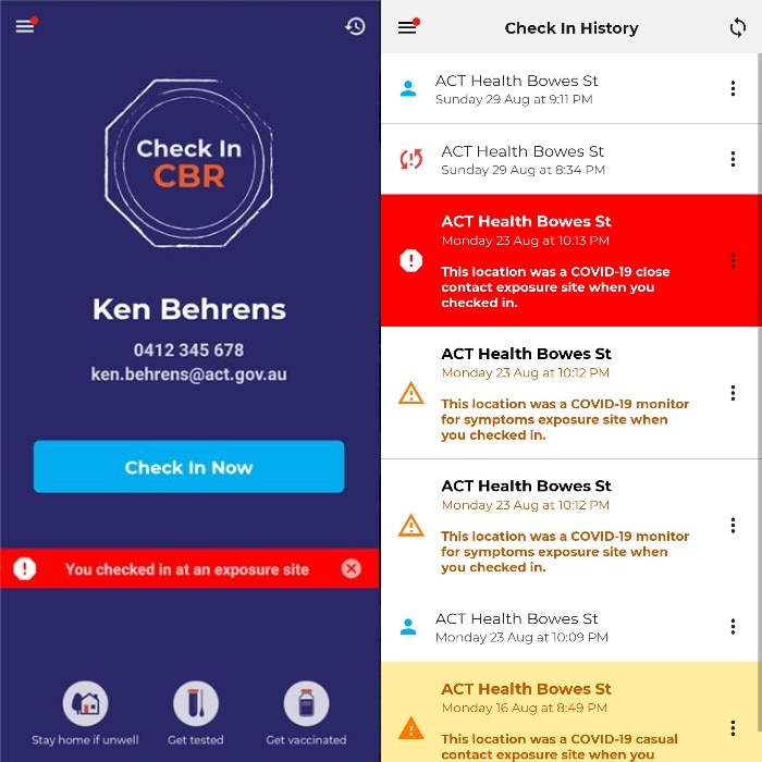 Screenshots showing the Check In CBR app.