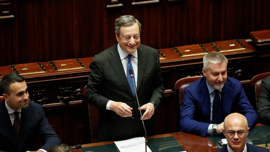 Italy's Prime Minister Mario Draghi arrives to address the lower house of parliament