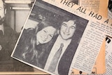 Two newspaper pages overlapping showing black and white photos of a man and a woman