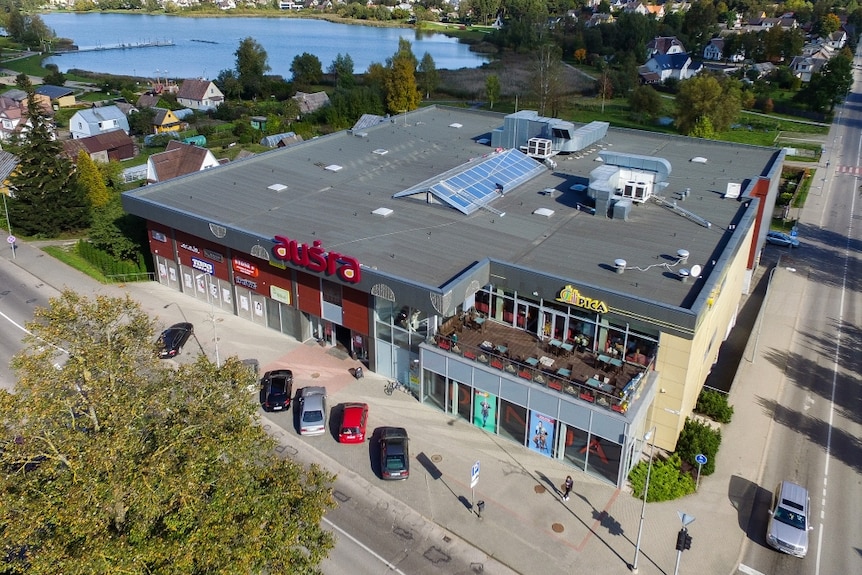 An aerial view of a suburban shopping centre.