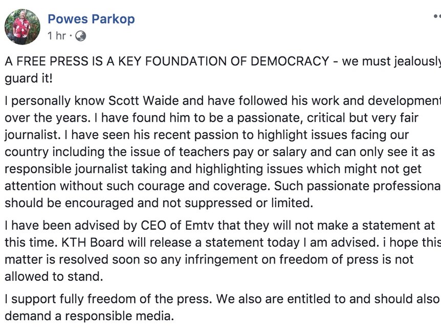 Powes Parkop posted a personal appeal for Mr Waide's reinstatement on Facebook.