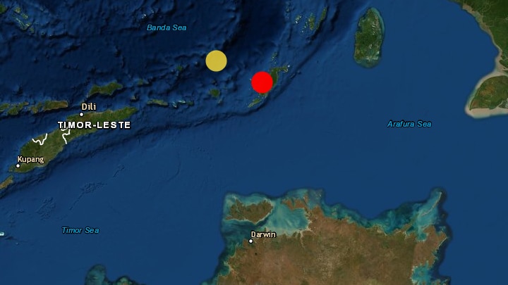 Map showing the northern part of the NT, parts of East Timor and Indonesia, with a red dot where the earthquake was.
