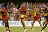Gold Coast's Jaeger O'Meara (2L) in action against Richmond at Carrara on March 15, 2014.