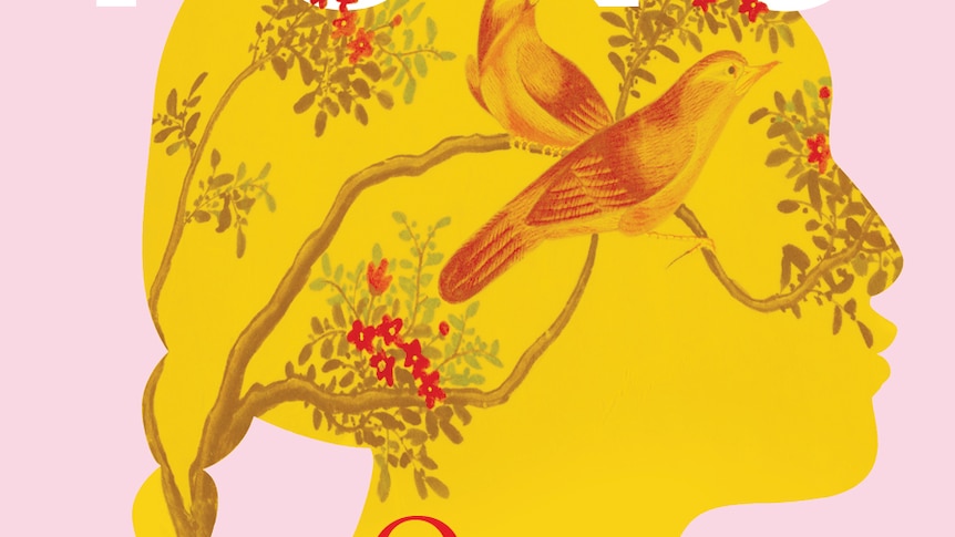 Book cover, pink background, stylised yellow girl's silhouette filled with birds and a flowered branch