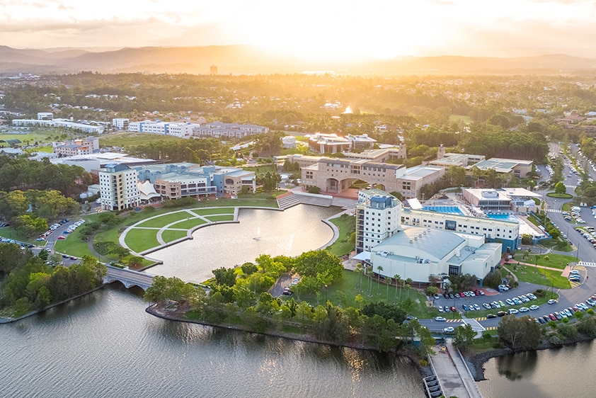 The sun sets over Bond University campus at Varsity Lakes, Gold Coast