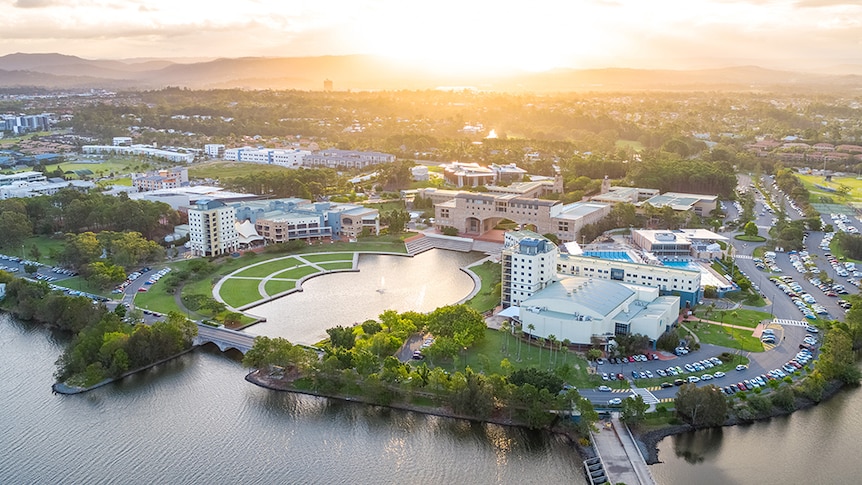 The sun sets over Bond University campus at Varsity Lakes, Gold Coast