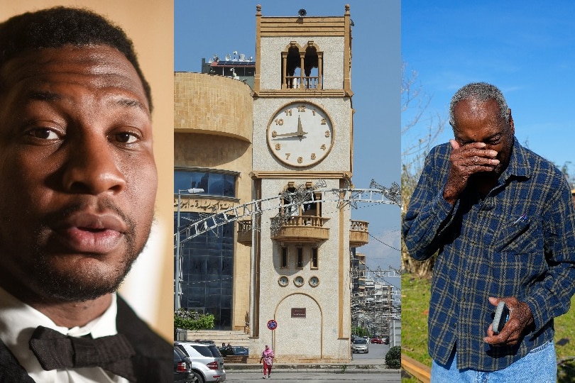 Composite image of Jonathan Majors, a clock tower and a man crying. 