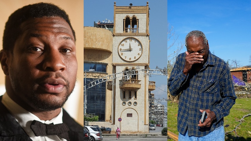 Composite image of Jonathan Majors, a clock tower and a man crying. 
