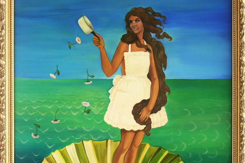 A painting of an Aboriginal woman in a shell dressed as a maid, in the style of the Birth of Venus