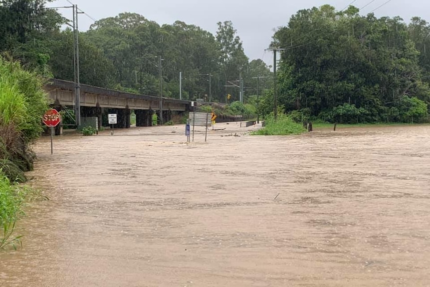 Floodwaters at Mooloolah, brown water can be seen halfway up road signs.