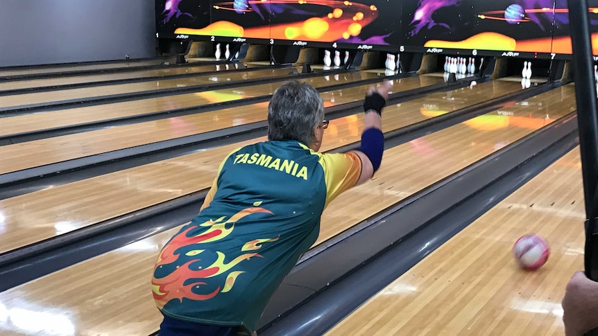 Shirleen Tubb sends one down the lane at the Devonport alley as training for ten pin bowling at the Masters Games