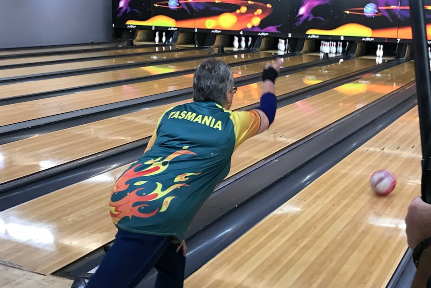 Shirleen Tubb sends one down the lane at the Devonport alley as training for ten pin bowling at the Masters Games