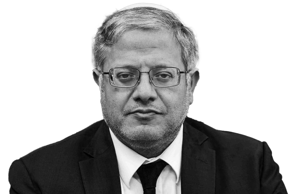 A black and white photo of Itamar Ben-Gvir.