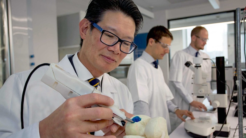 Professor Peter Choong of St Vincent's Hospital demonstrates a 3D printer filled with stem cell ink to treat knee injuries.