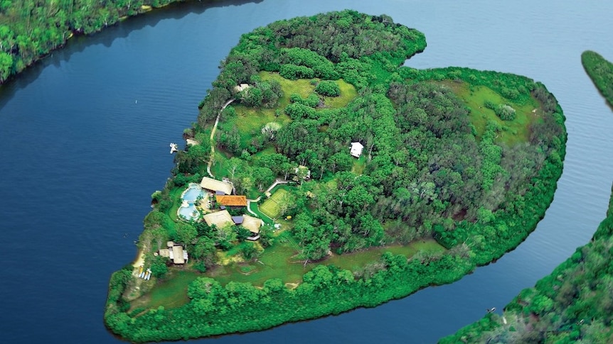 A love heart shaped island with some basic infrastructure on a small part of it.