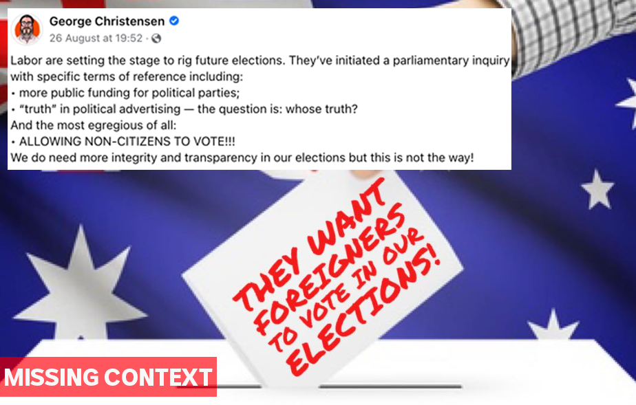 A Facebook post overlayed over an image of a ballot which reads "THEY WANT FOREIGNERS TO VOTE IN OUR ELECTIONS!"
