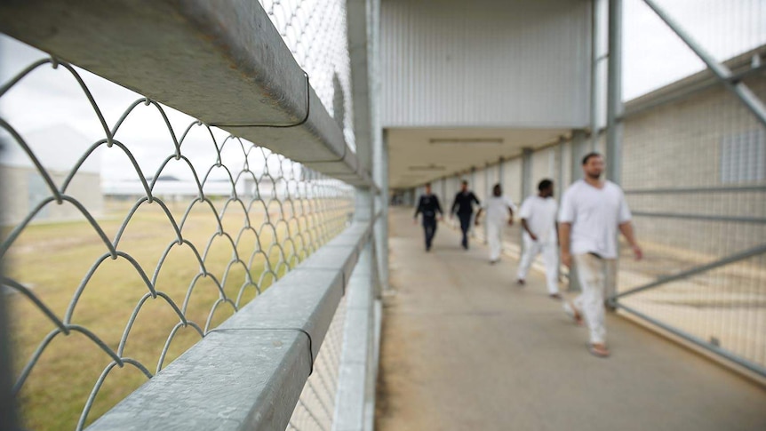 Staff escort prisoners through Lotus Glen Correctional Centre in far north Queensland.