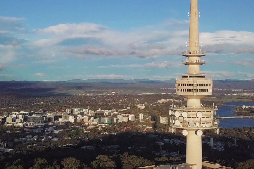 Telstra Tower in Canberra from an aerial view.