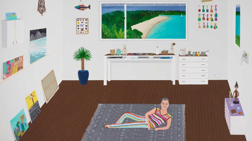 An acrylic on canvas portrait of Ken Done lying on the ground in his studio with a view of the water from a window.