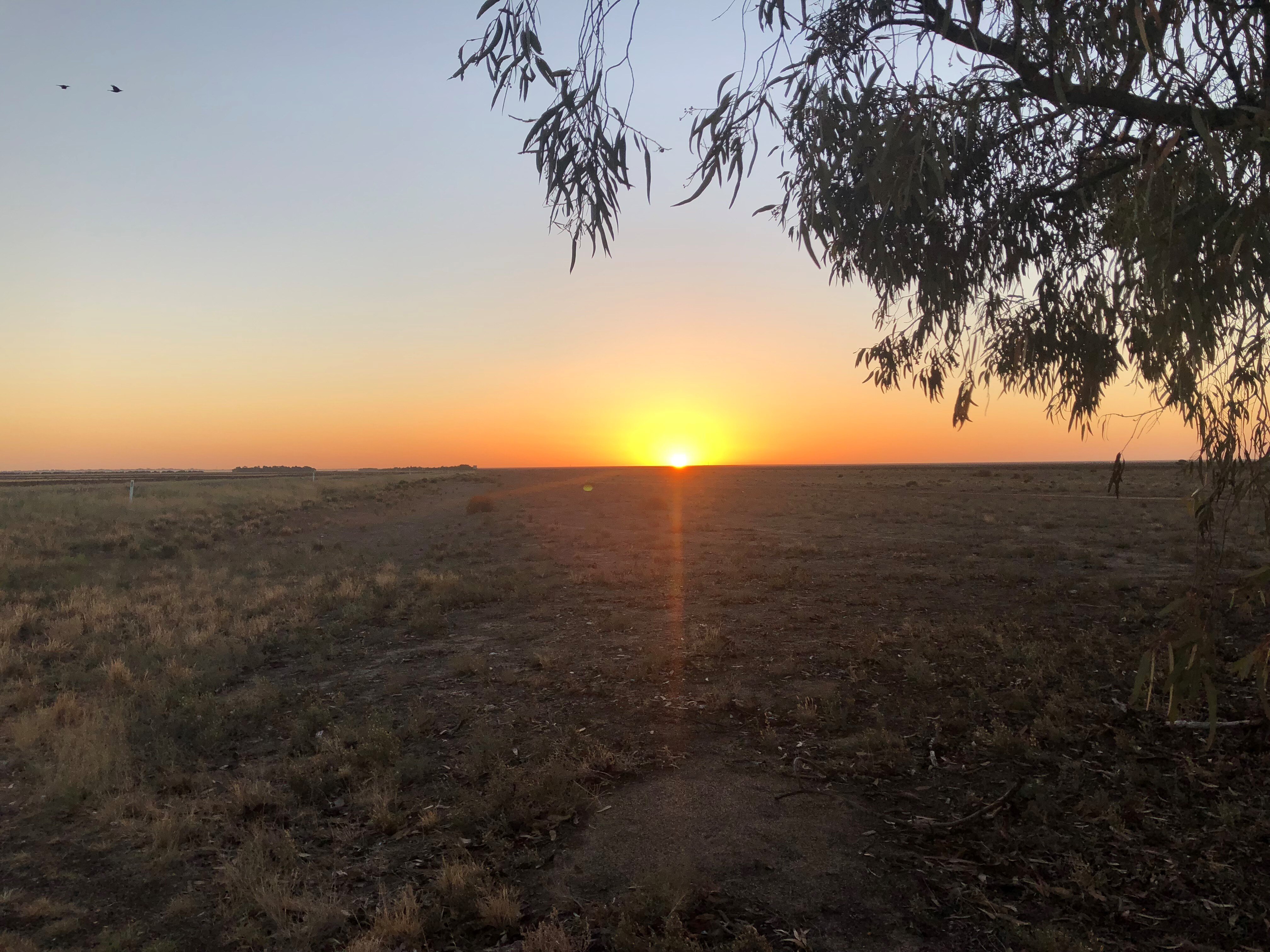 Sunset dips to the ground on large landscape of hay plain fields. 
