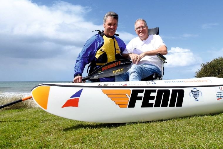 Craig Machen (l) and Kirk Dicker ahead of Machen's Tasmanian kayak circumnavigation to raise money for Motor Neurone Disease research