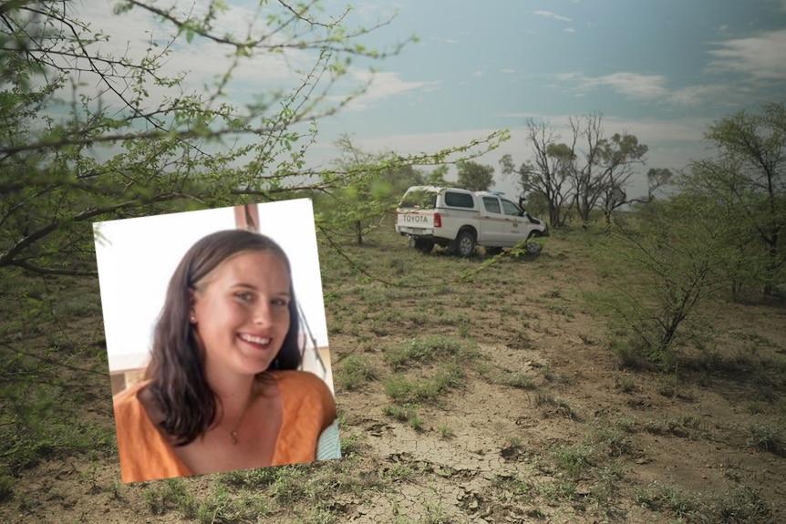 An SES vehicle parked in scrubland, superimposed with an image of Tea Wright-Finger