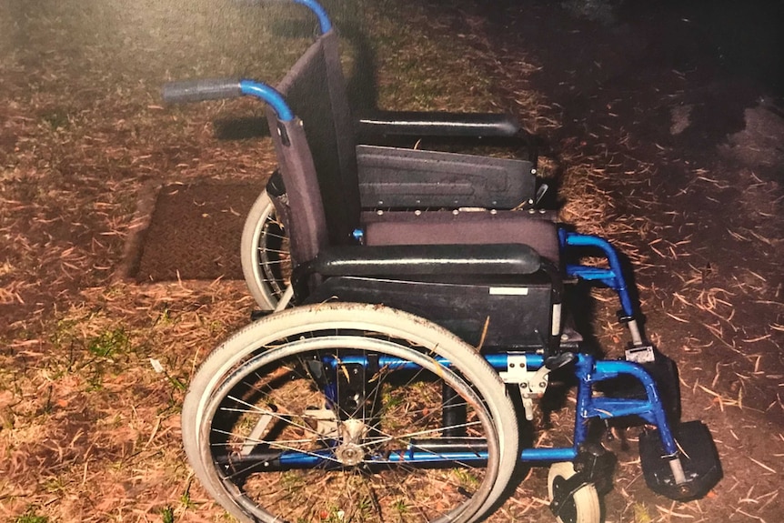 A police image of a blue and black wheelchair at the scene of the alleged murder of Helen Dansie.