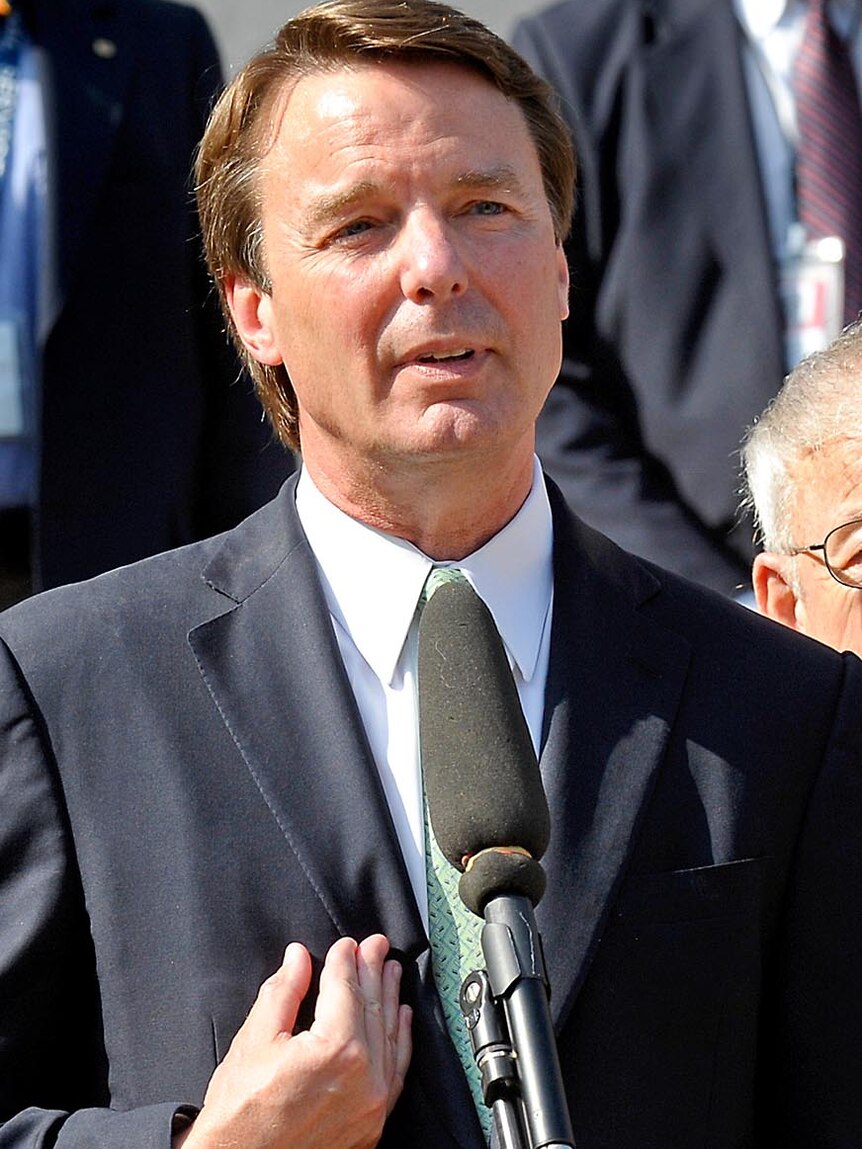 John Edwards addresses the media outside the Federal Court in Greensboro.
