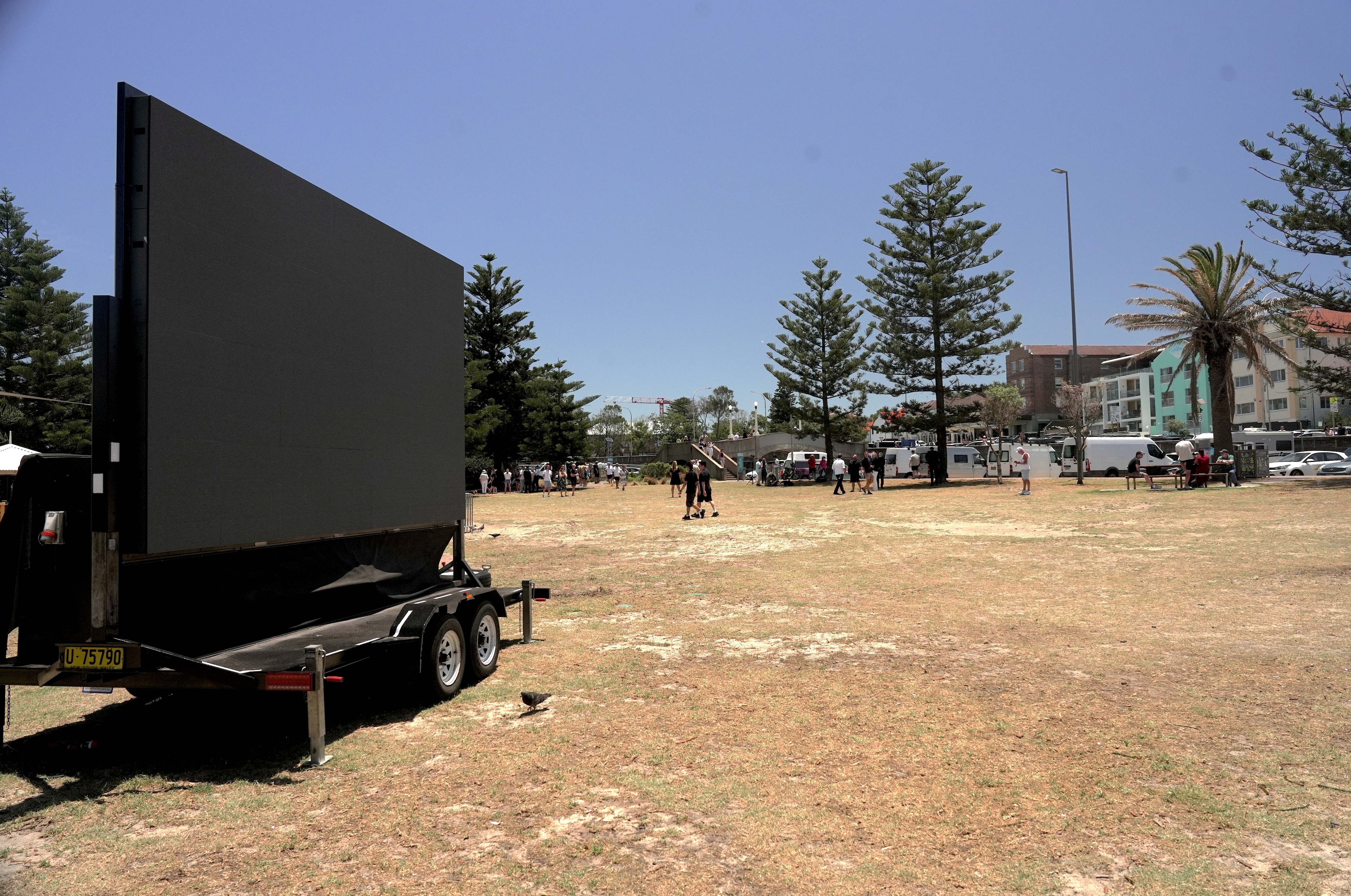 Una pantalla en el césped de un parque con tríos de fondo.
