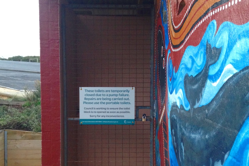 A toilet block painted with a mural of a whale and a sign on the door saying 'temporarily closed due to pump failure'.